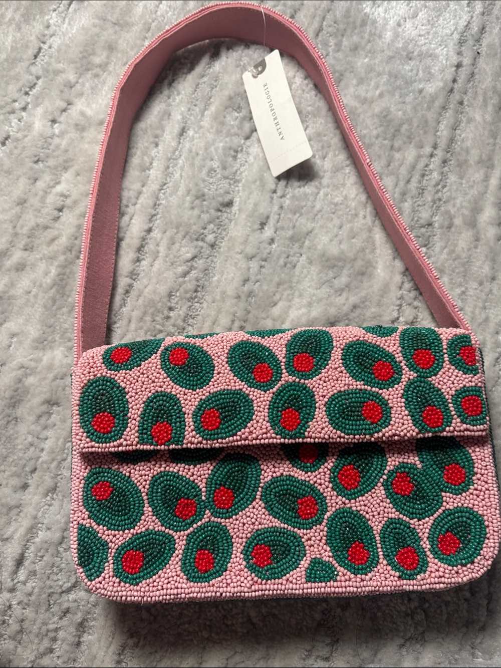 Beaded Pink Shoulder Bag with Green & Red Accents